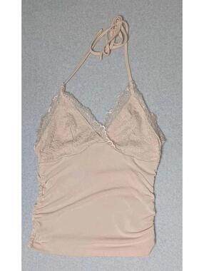 Cider Y2k Lace Babydoll Ruched Halter Top Womens Size Medium Khaki Fitted Tie...